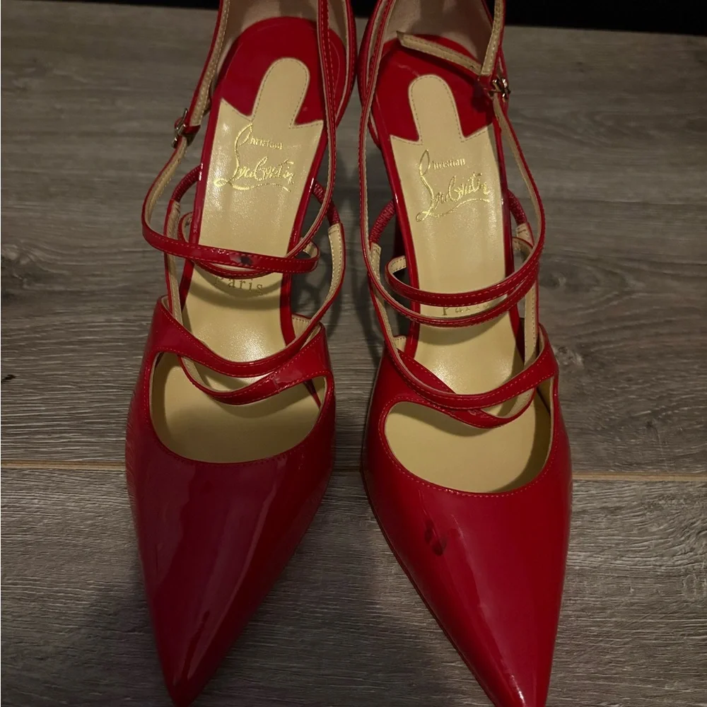 Christian Louboutin Red Patent Multi-Strap Pointed Pumpsg - Picture 1 of 6